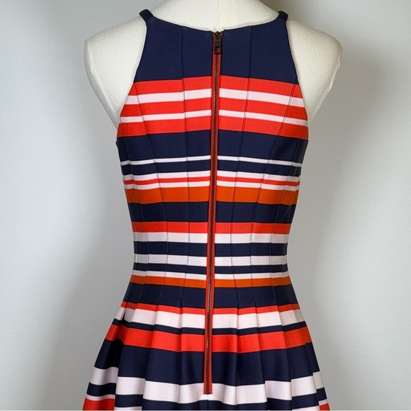 Vince Camuto Striped Scuba Halterneck Pleated Fit And Flare Dress Women’s Size 2 - Picture 5 of 15